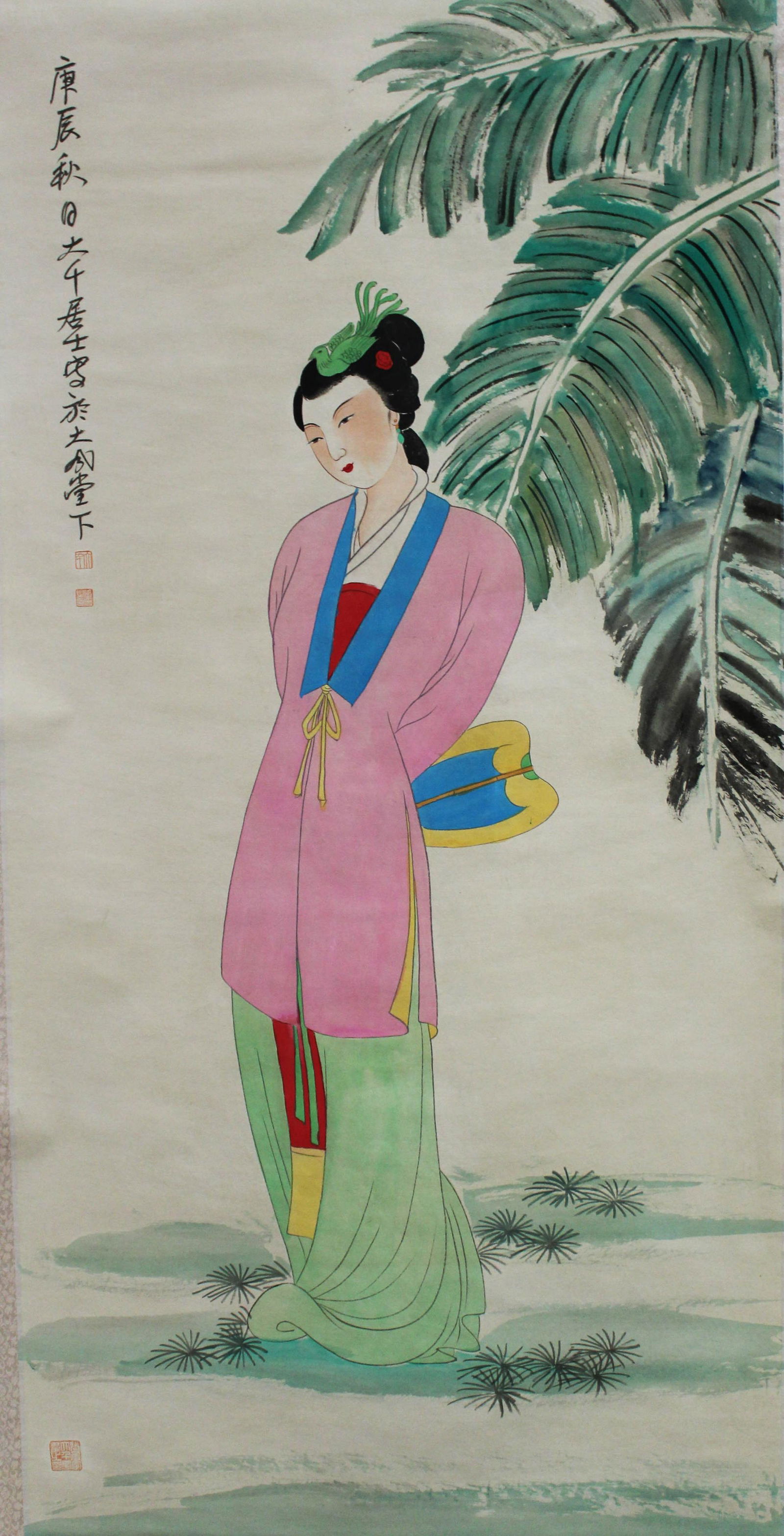 Chinese Scroll Painting: Ink and color on paper, depicting a maiden, signed with seal attributed to Zhang Da Qian. Length: 26" Height: 53"