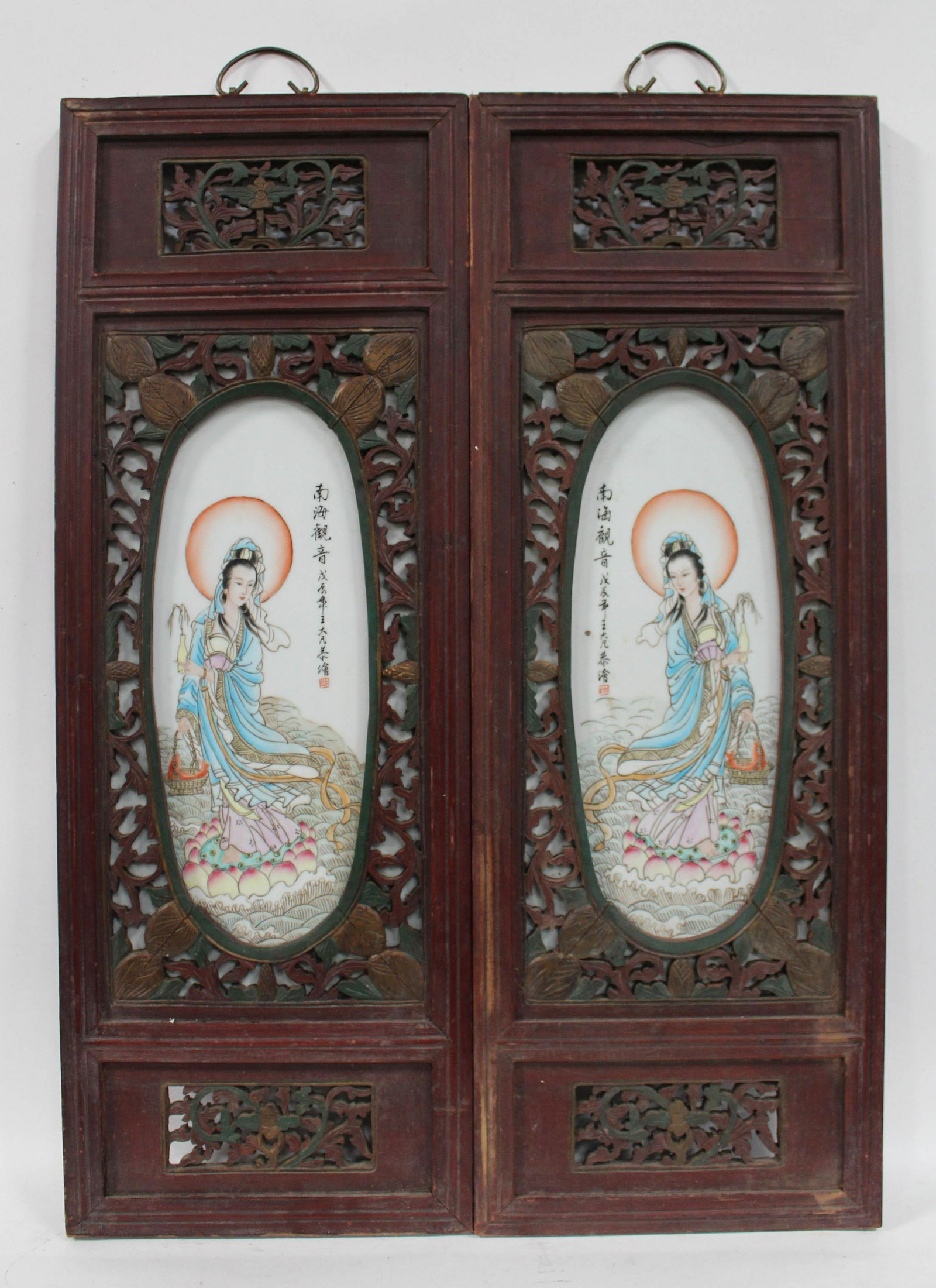 A Pair of Chinese Hardwood Framed Porcelain Guanyi (1 of 4)