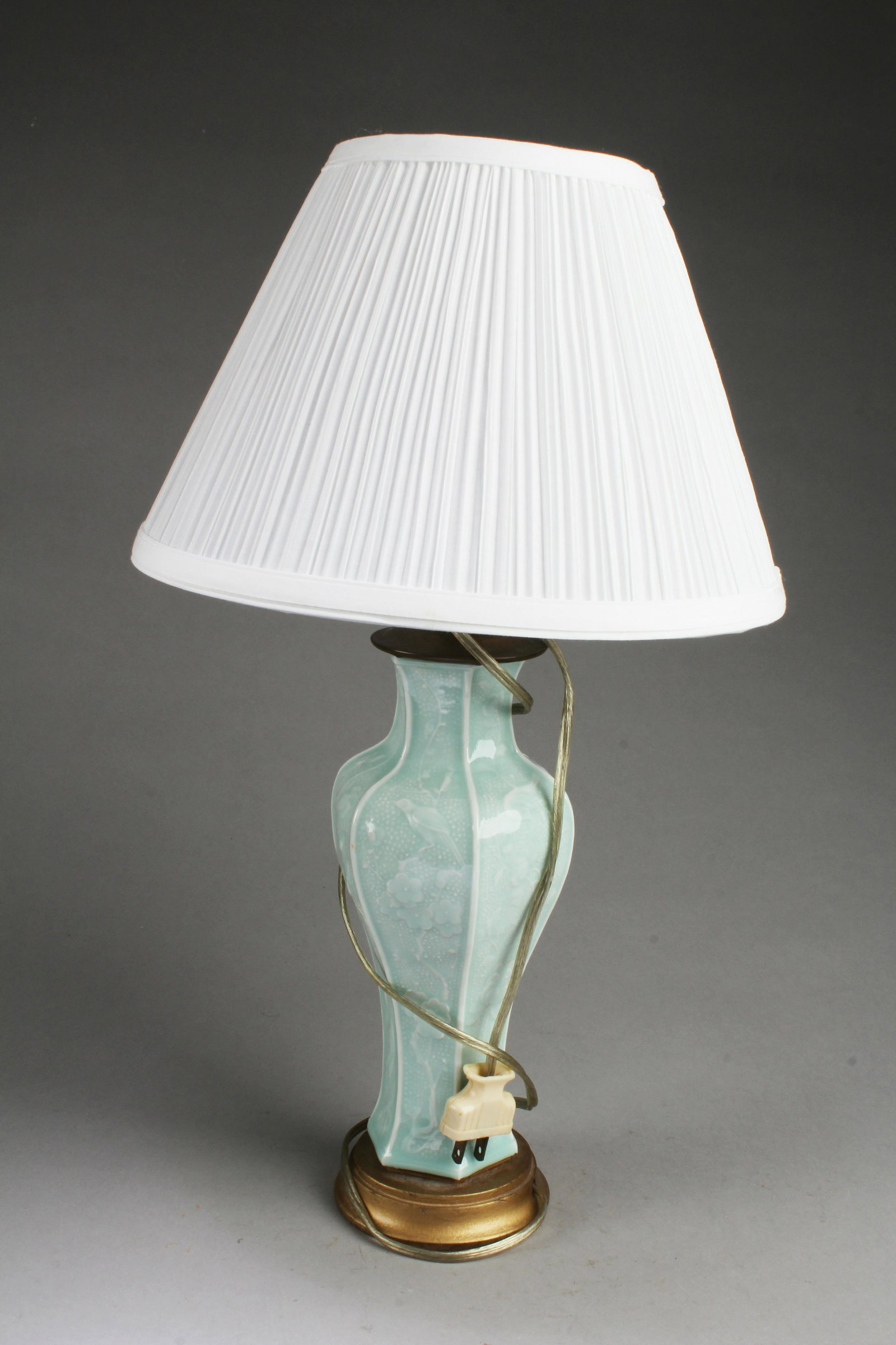 Antique YingQing Table Lamp: Antique YingQing Table Lamp with lamp shade. Height: 19"