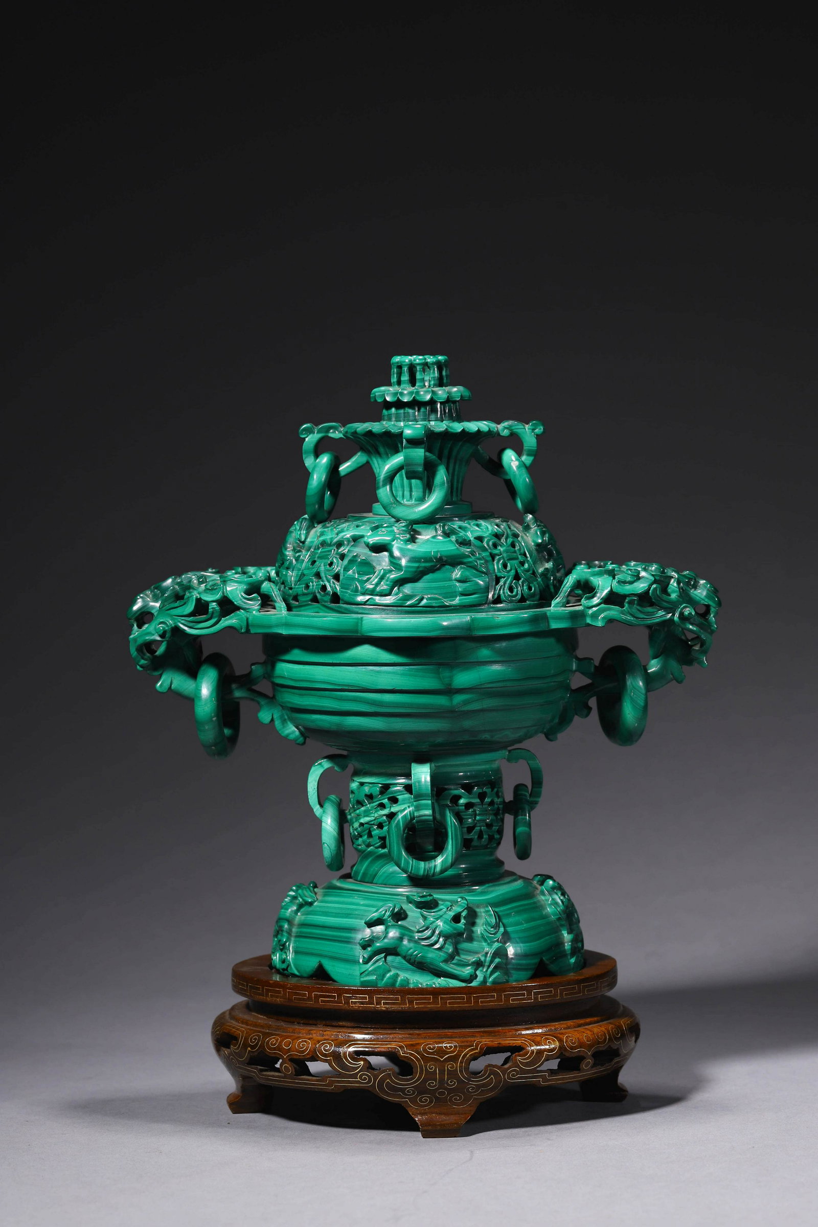 Carved Malachite Double Dragon-Eared Incense Burner With Stand (1 of 7)