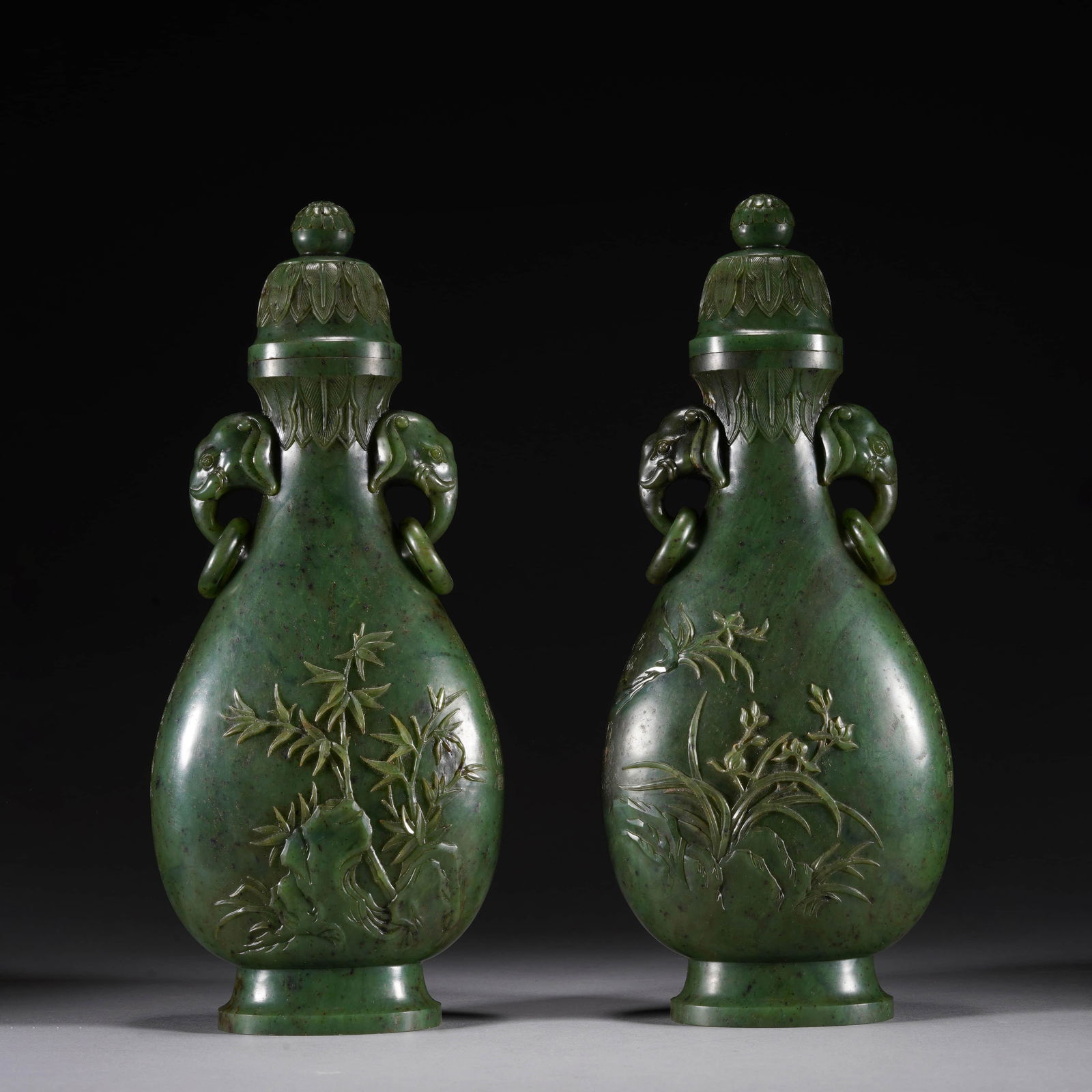 Pair of Spinach-green Jade Flower Double-eared Bottle Vases (1 of 11)