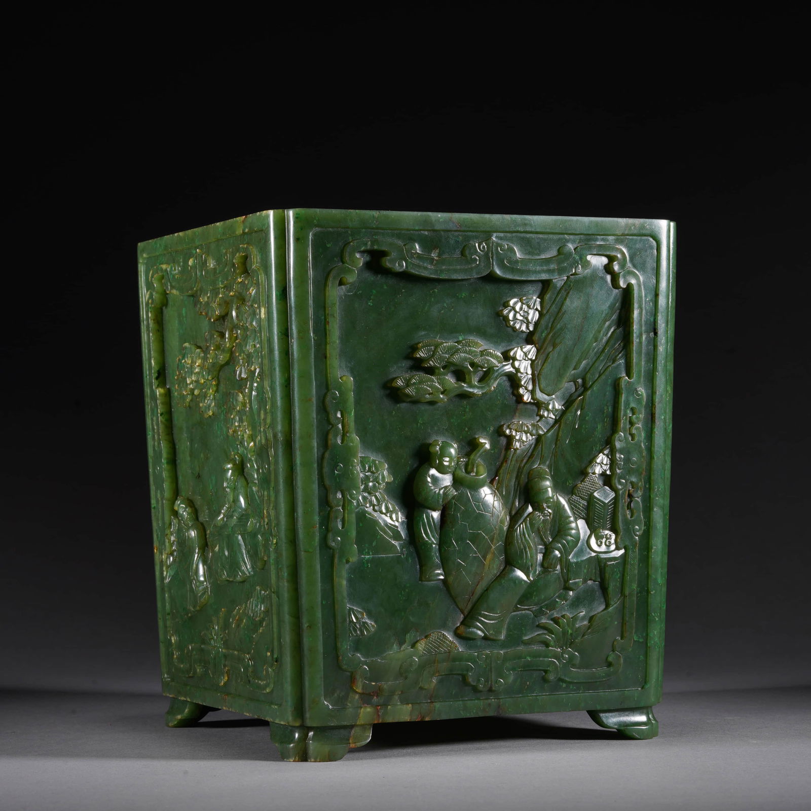 Spinach-green Jade Figure Story Square Brush Pot (1 of 9)