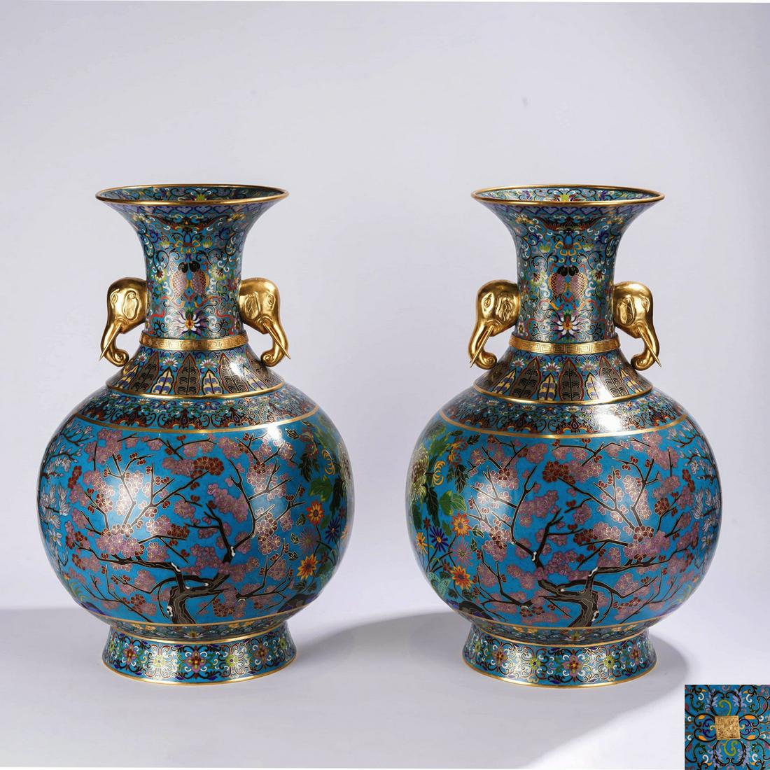 Pair of Cloisonne Enamel Plum Blossom Bottle Vases (1 of 13)