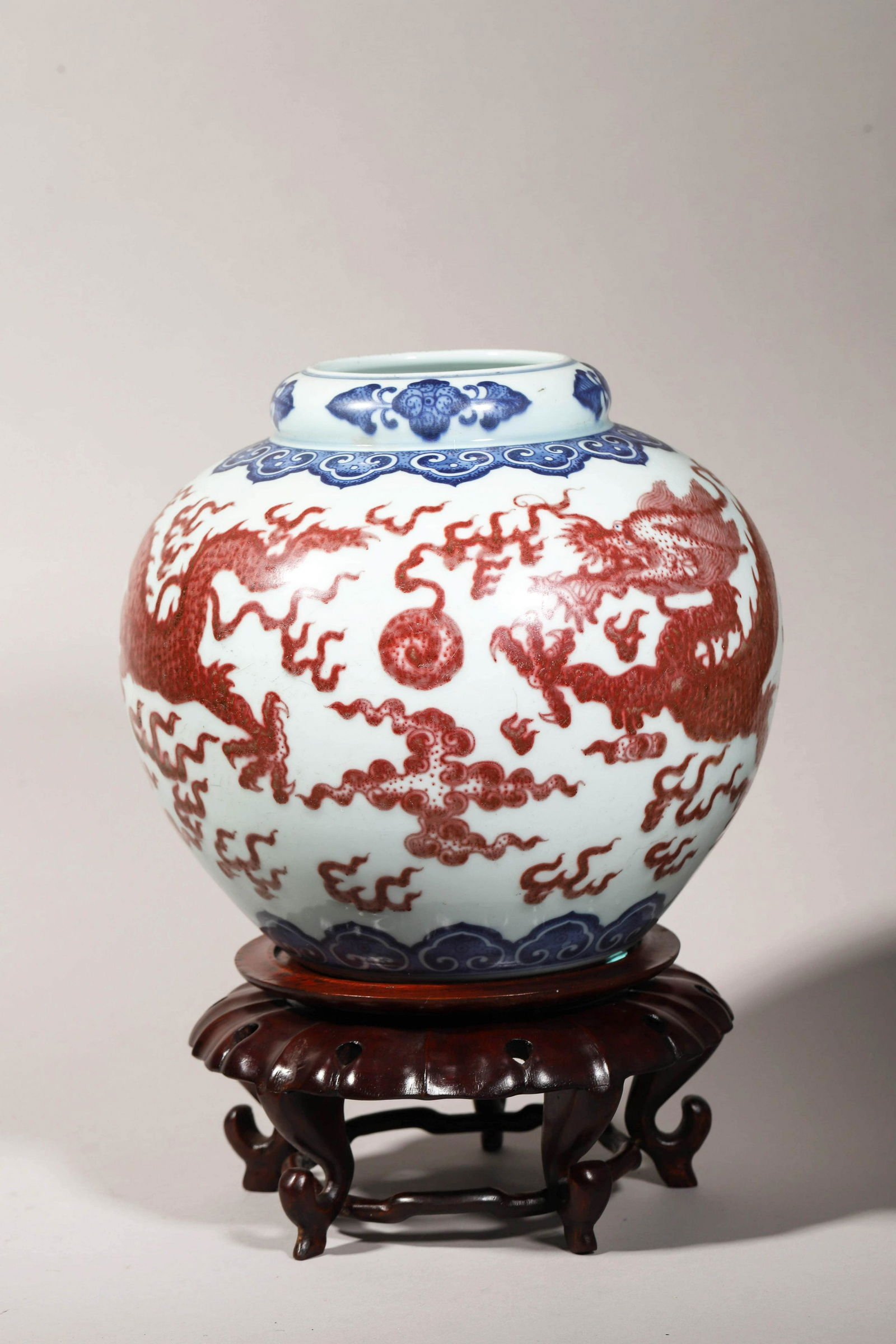 Copper-Red Glaze and Underglaze Blue Dragon Jar, with Wood Stand (1 of 7)