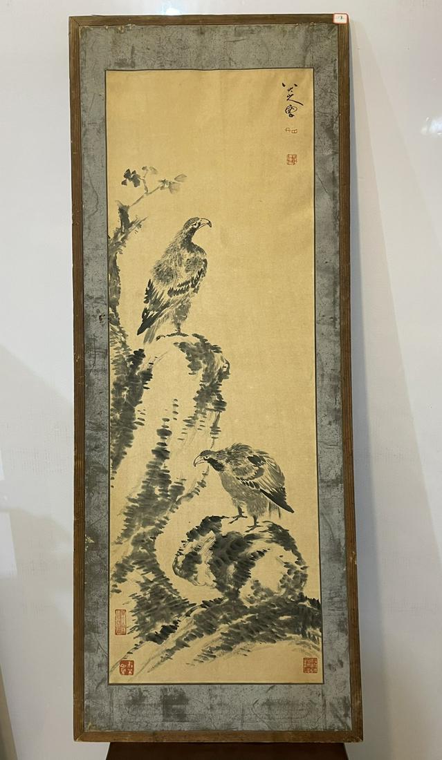 Chinese Scroll Painting: Ink on paper, depicting two eagles, signed with seal attributed to Ba Da Shan Ren. Height:119 Length: 41cm