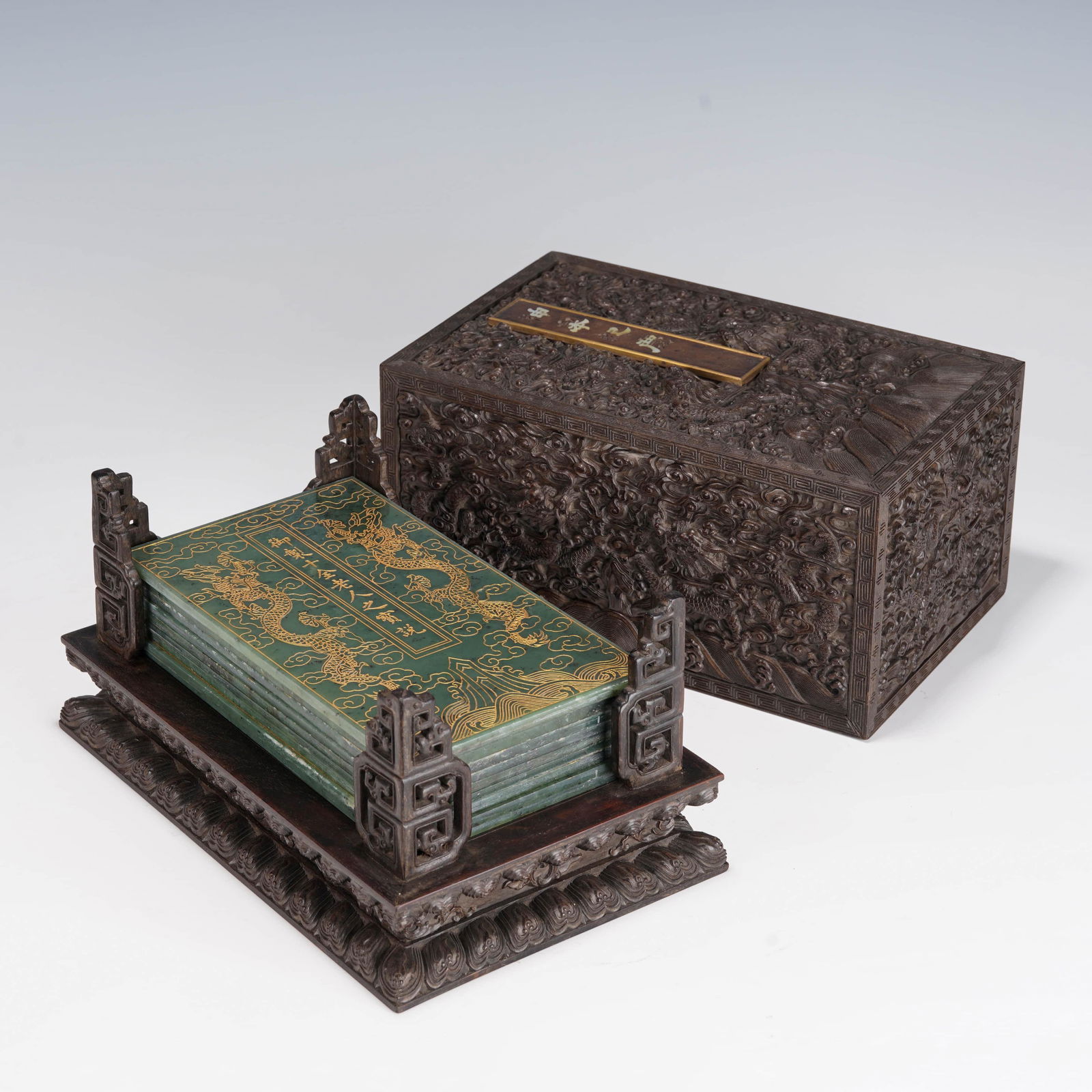 Inscribed green jade ornaments with red sandalwood box, Qing Dynasty (1 of 12)