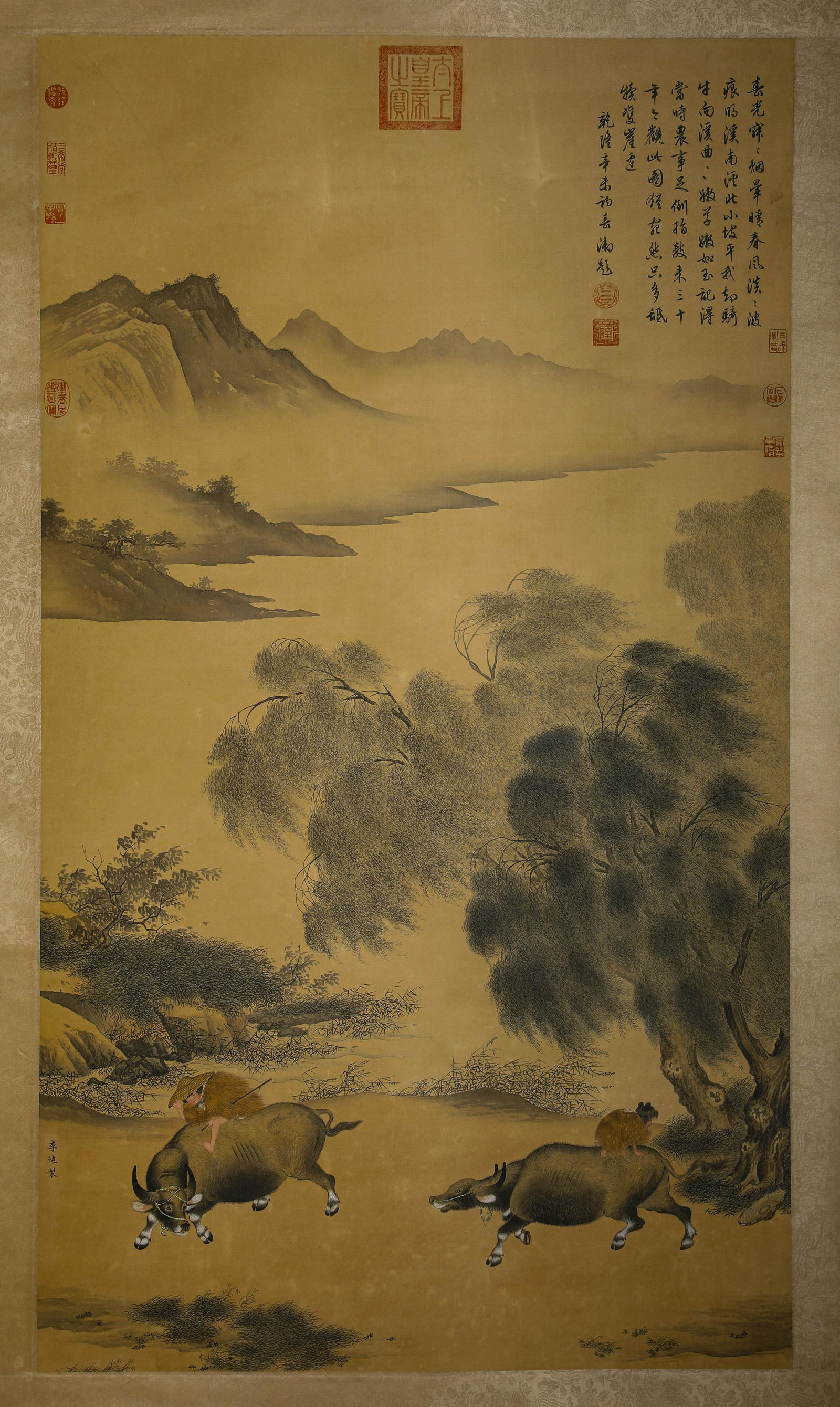Chinese Bull Painting, Hanging Scroll, Ink and Color On Silk (1 of 6)