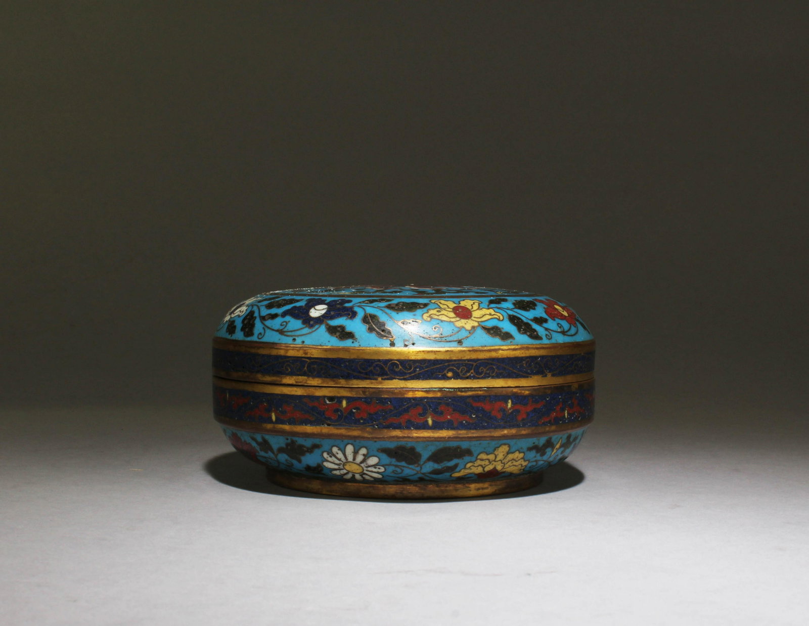 Ming XuanDe: A Cloisonne Enamel Round Box: Xuande, Ming Dynasty: An Enamel Round Box. 'XuanDe' mark at base. Diameter: 4.9"