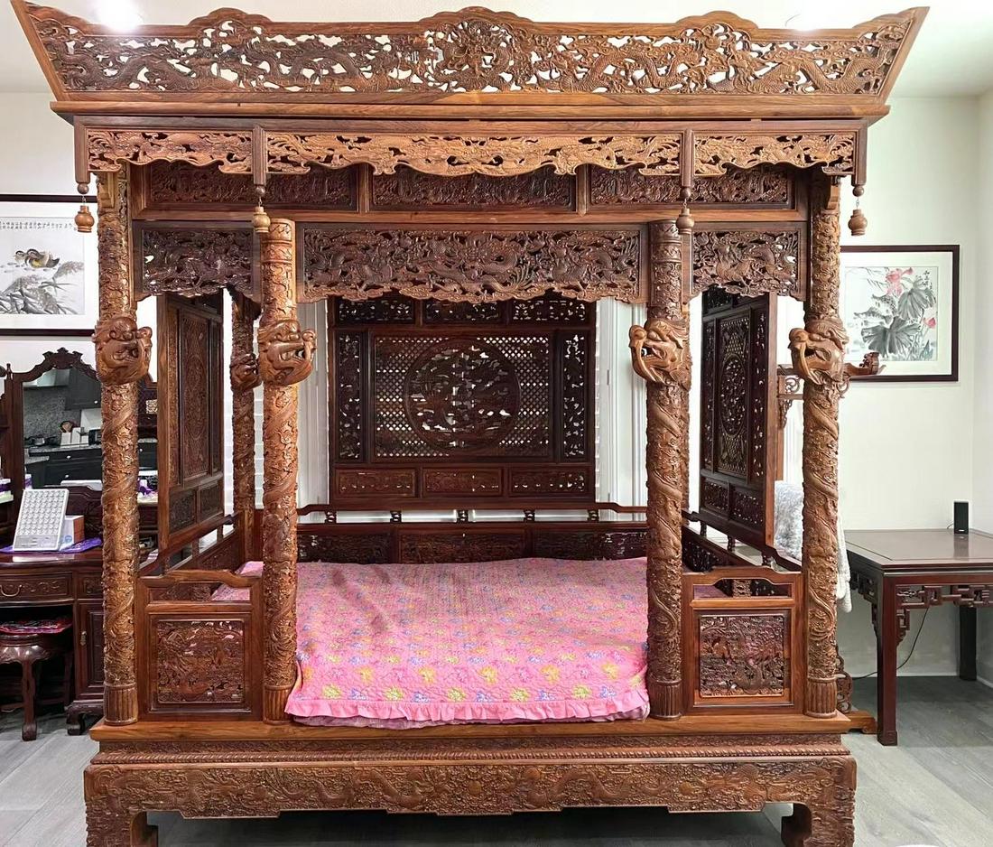 Chinese Hardwood Dragon Canopy Bed (1 of 20)