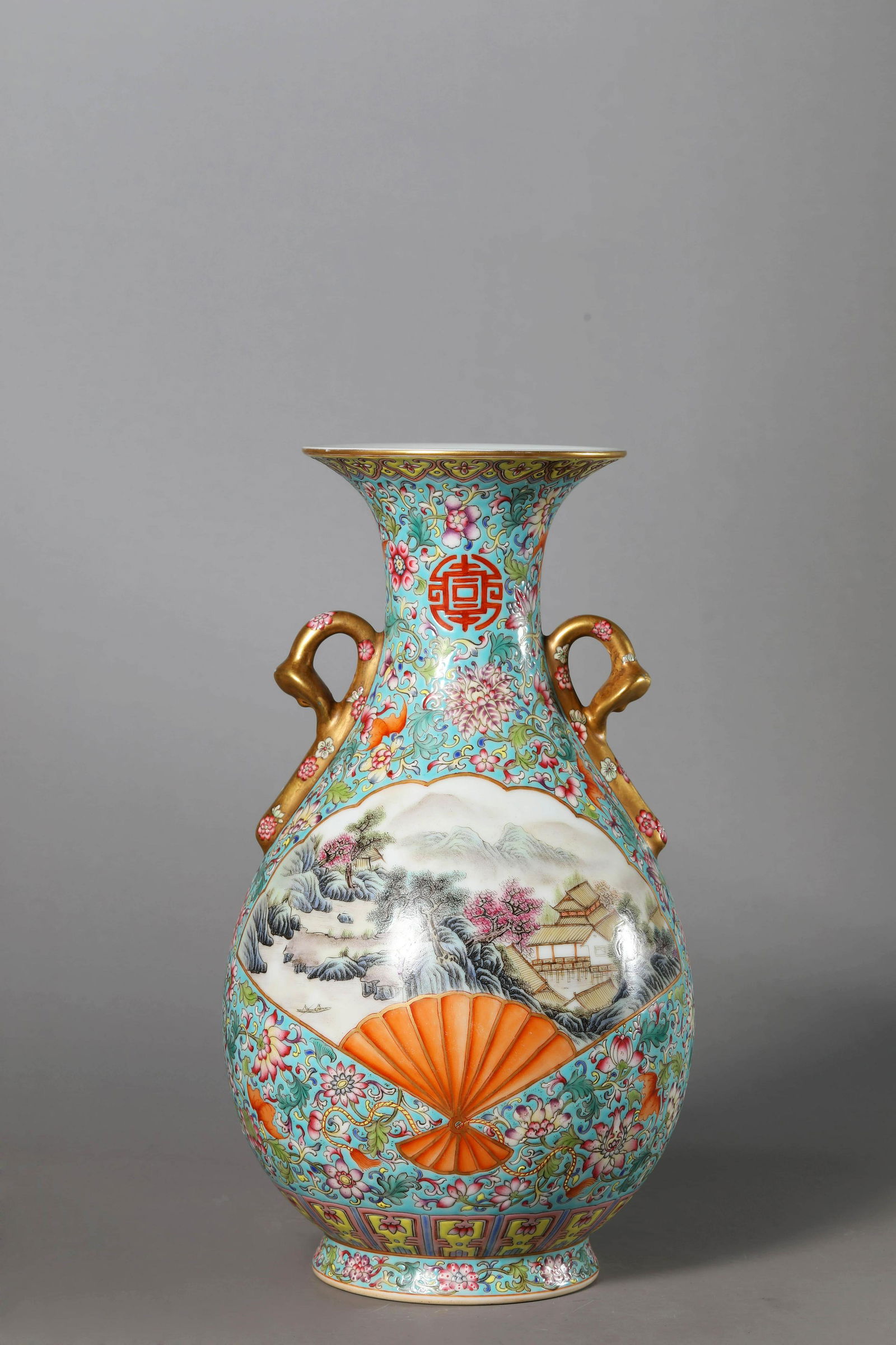 Turquoise-Green-Ground Landscape and Figure Ruyi-Eared Vase (1 of 10)