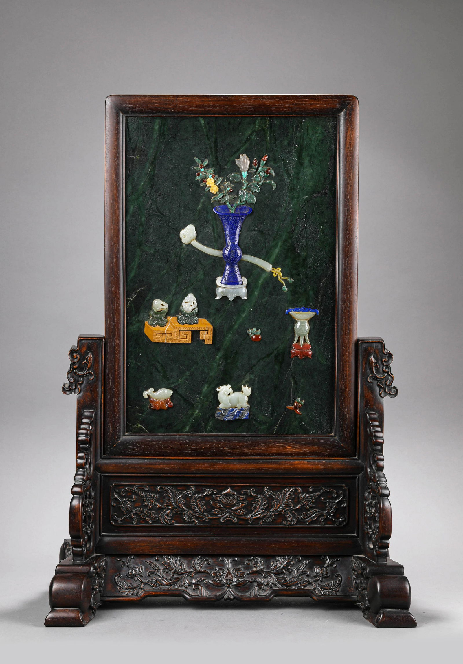 Hardstone Inlaid Spinach-Green Jade Table Screen (1 of 11)