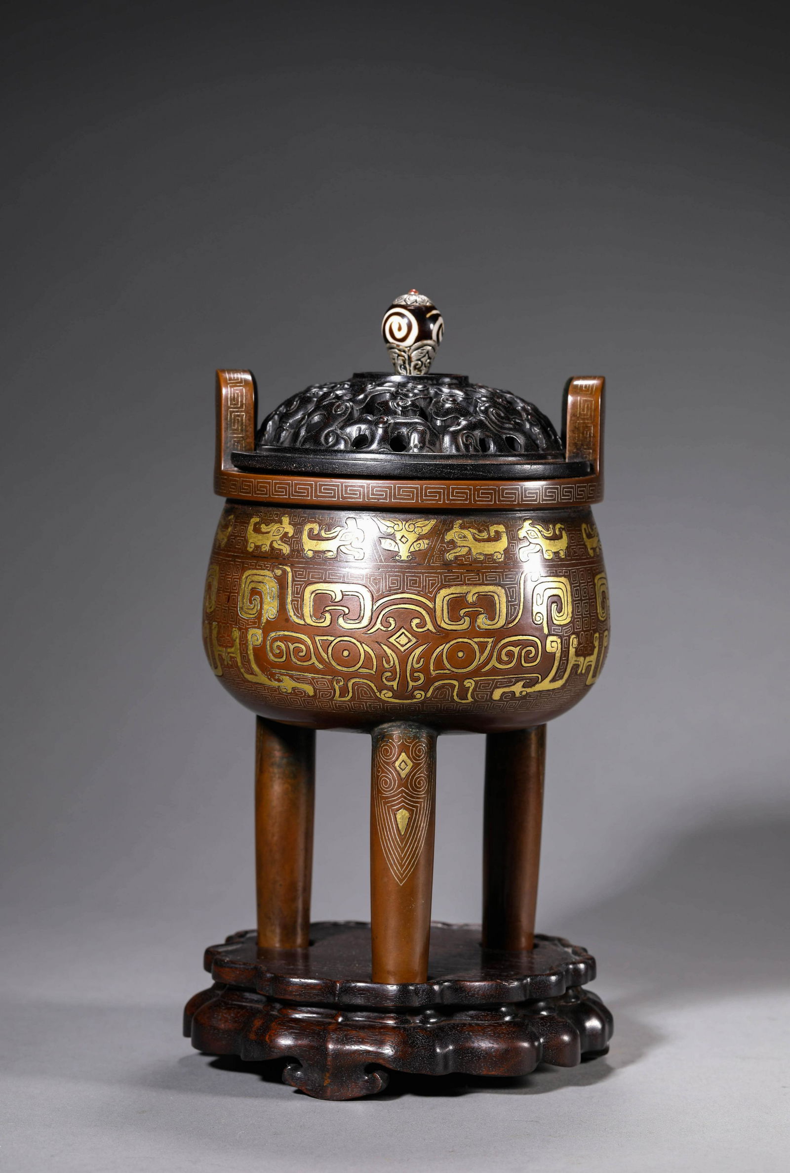 Gold and Silver Inlaid Bronze Taotie Vessel (1 of 8)