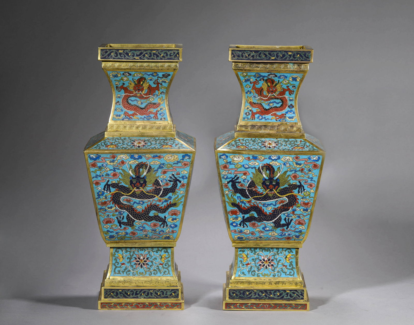 Pair of Cloisonne Enamel Dragon Beaker Vases (1 of 9)
