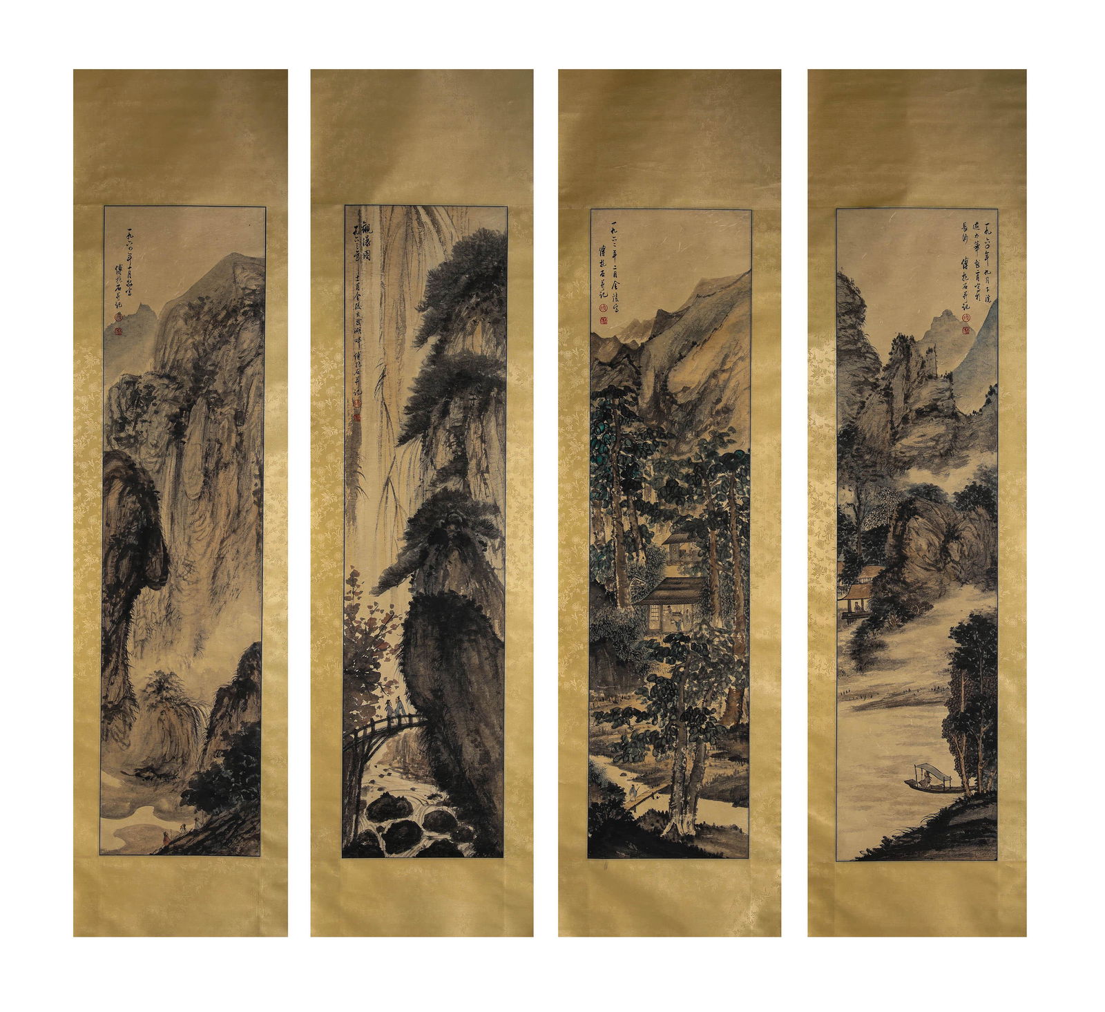 Four Landscape and Figure Chinese Paintings: Fu Baoshi Mark, Four Landscape and Figure Chinese Paintings Width:34cm Height:138cm Provenance: From a private collector in San Diego around 1930s.