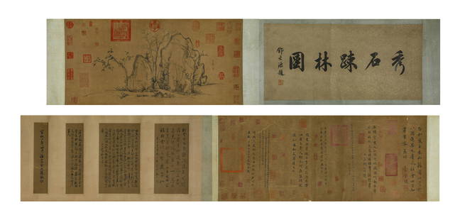 Chinese Objects Painting and Calligraphy Hand Scroll: Zhao Mengfu Mark, Chinese Objects Painting and Calligraphy Hand Scroll Width:330cm Height:34cm