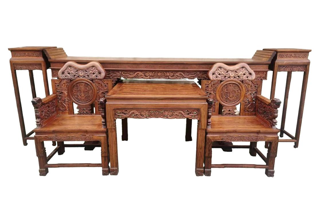 A Six Piece HuangHuaLi Chair Set: A Six Piece HuangHuaLi Chair Set, comprises two chairs, two tea tables, a square table ansd an altar. Altar Dimension: 268cm (L) x 50cm (W) x 110cm (H) Table Dimension: 96cm (L) z 96cm (W) x 83cm (H)