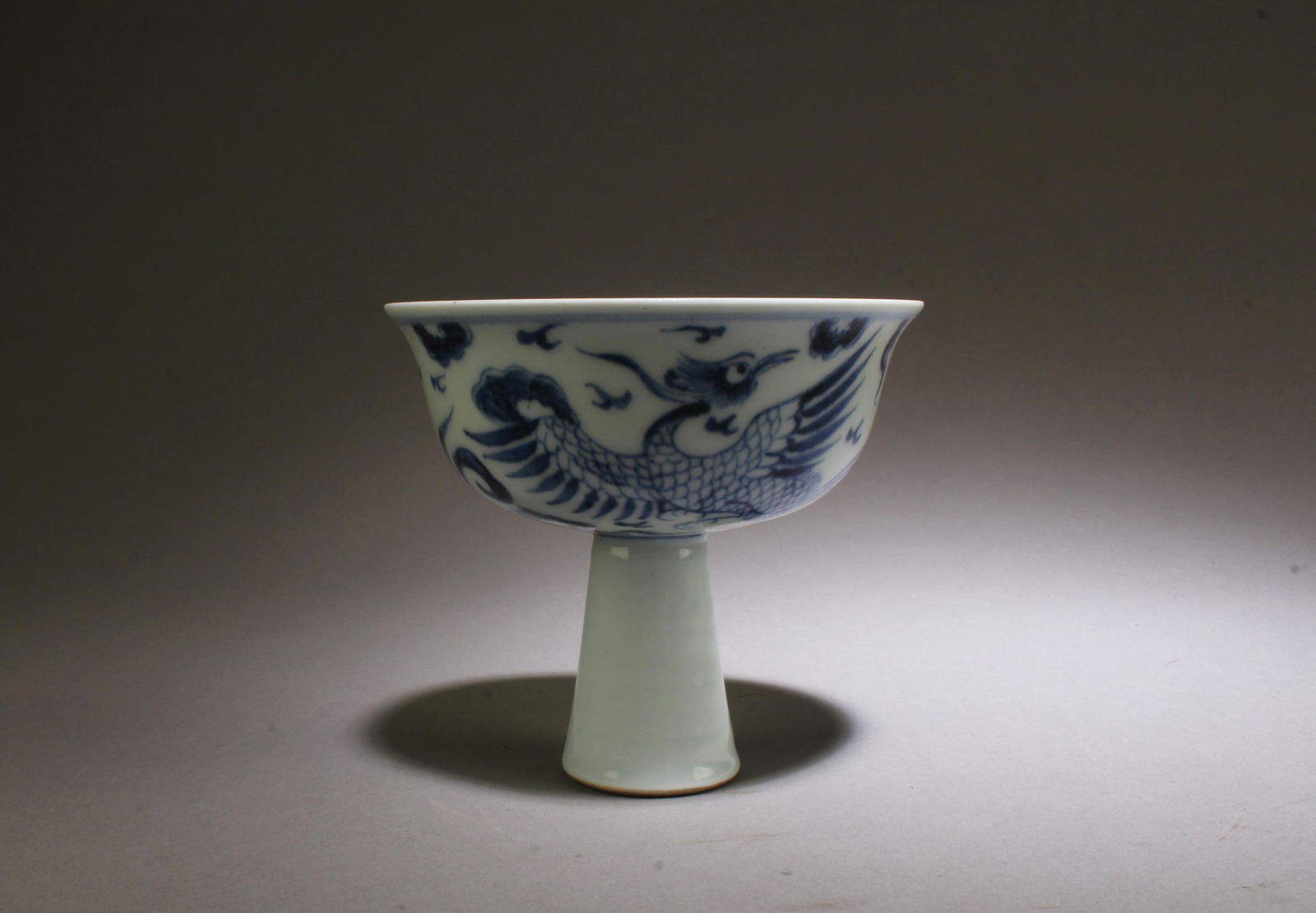 A Blue & White Stem Cup: A Blue & White Stem Cup. Diameter: 4" Height: 3.5"