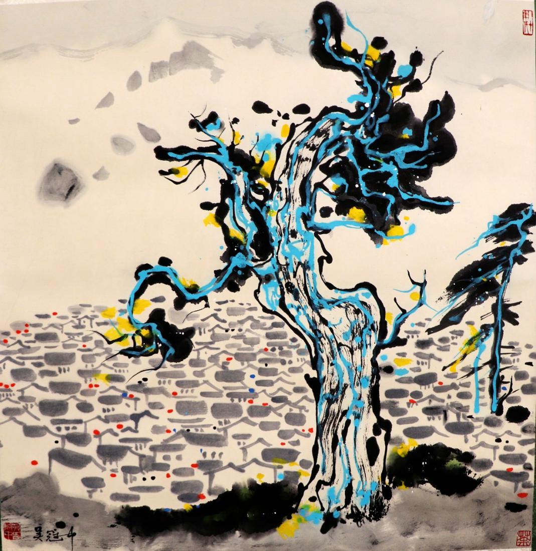 Chinese Scroll Painting: Ink and color on paper, signed with seal attributed to Wu GuanZhong. Dimension: 68 cm x 66 cm.
