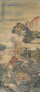 Chinese Landscape Painting Silk Scroll: Chinese Landscape Painting Silk Scroll, Lin Shu Mark,111x49cm,