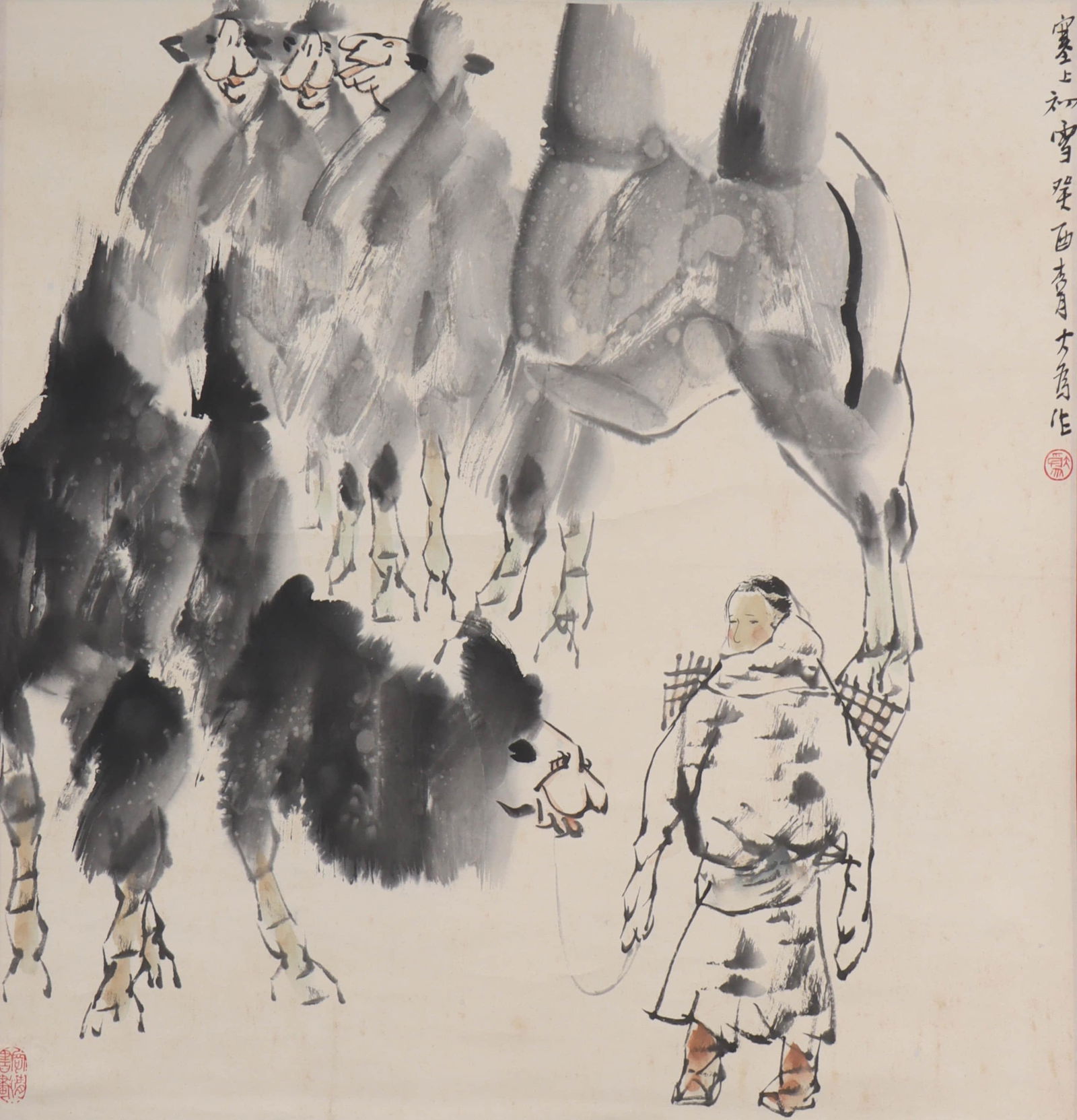 A Chinese Camel Painting: A Chinese Camel Painting. Ink And Color On Paper Hanging Scroll. Liu Dawei Mark. Dimensions: 69cm x 66cm