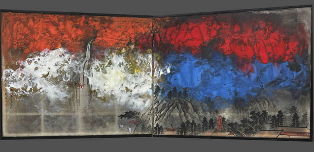 With Mark: Zhang Daqian, Chinese Painting Ink and Color on Paper, Screen: With Mark: Zhang Daqian, Chinese Painting Ink and Color on Paper, Screen. Dimension: Painting size:69*84cm*2 Frame size:73*86cm*2
