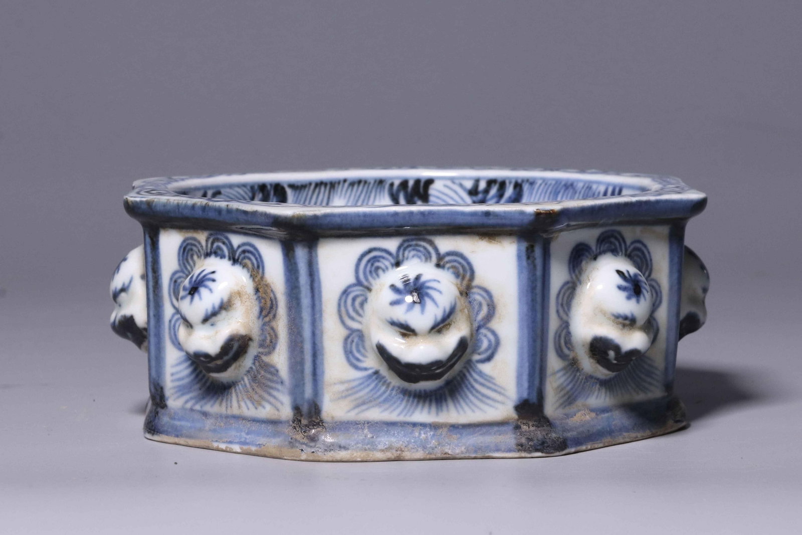 A Blue and White Puzhou Octagonal Brush Washer: A Blue and White Puzhou Octagonal Brush Washer. "QianLong" mark at base. Width: 14cm