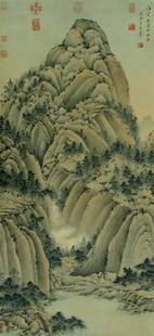 A CHINESE LANDSCAPE PAINTING, INK AND COLOR ON PAPER, HANGING SCROLL, WANG HUI MARK: A CHINESE LANDSCAPE PAINTING, INK AND COLOR ON PAPER, HANGING SCROLL, WANG HUI MARK. 122x56cm,