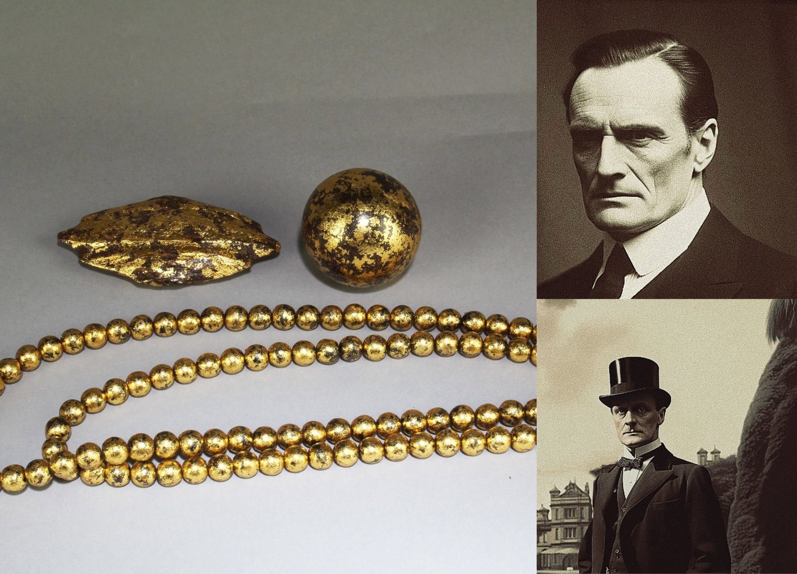 A Group of Three Gilt Wooden Ornament: A Group of Three Gilt Wooden Ornament. Diameter (Ball): 1.75" Leaf shaped ornament length: 4" Length of necklace: 21"
