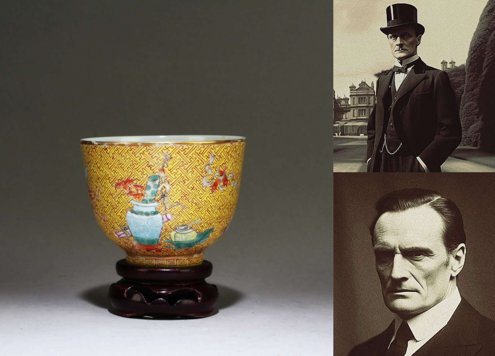 A Famille Jaune Porcelain Cup: A Famille Jaune Porcelain Cup, "Sheng De Tang" mark. Comes with a wooden base. Dimensions: 2.7" X 3.5"