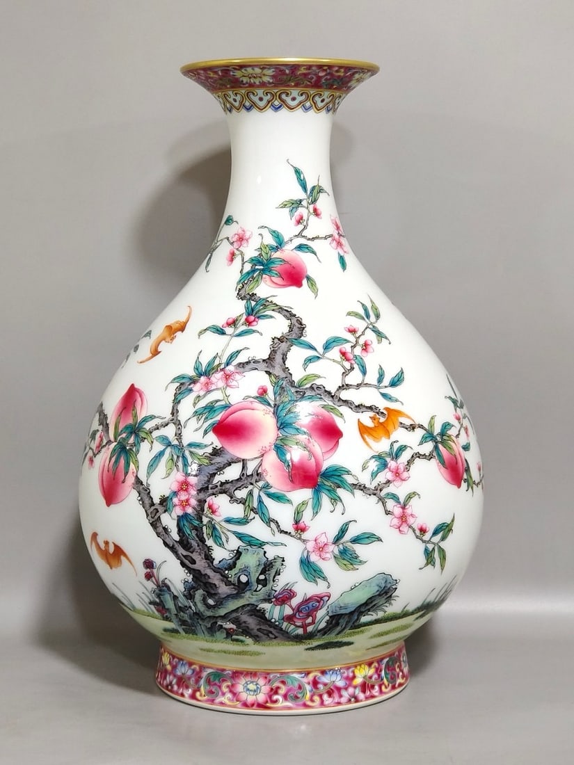 A Fencai Enamel Five Blessings and Eight Peaches Yuhuchun Vase (1 of 8)