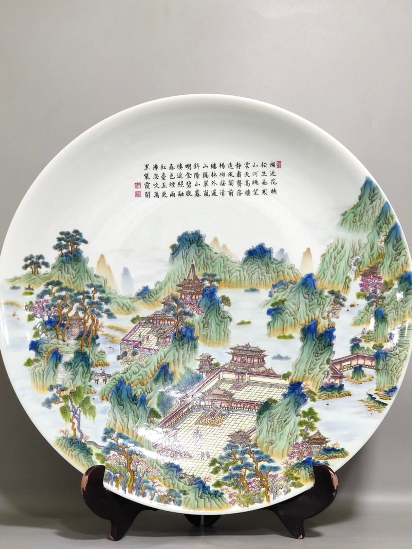 A Fencai Enamel Landscape Pavilion Large Plate (1 of 9)
