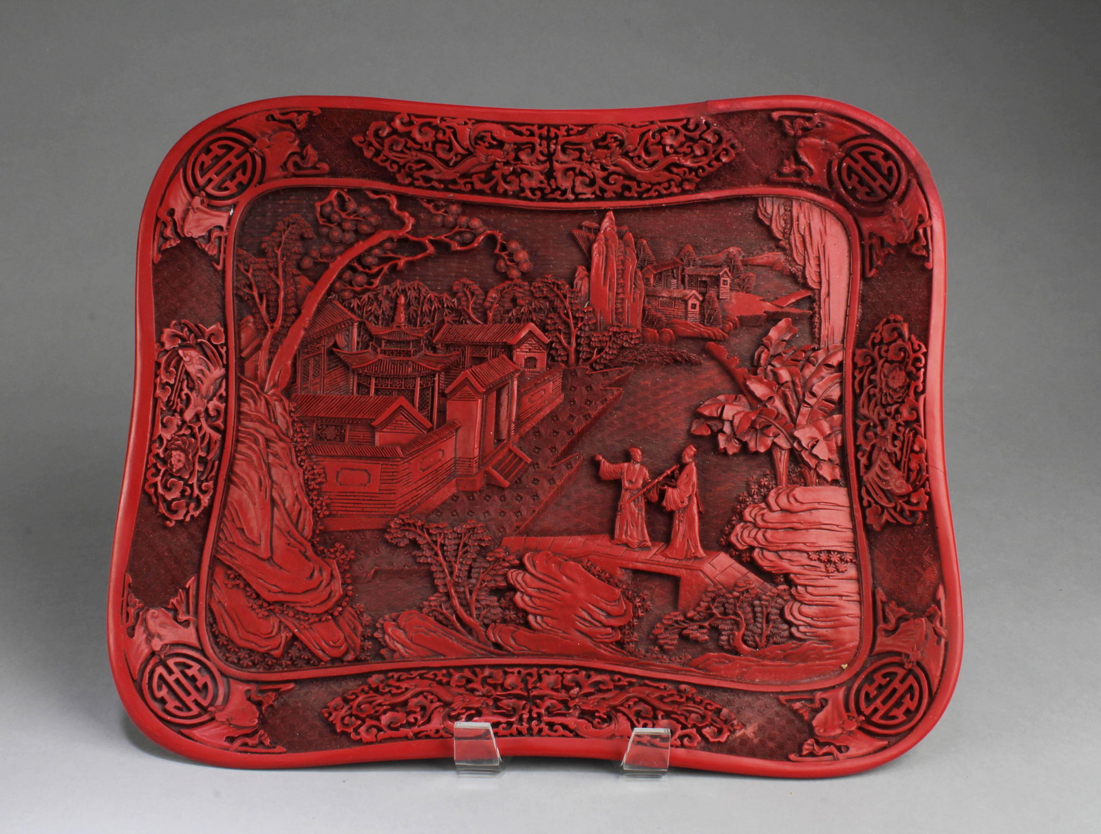 A Cinnabar Lacquer-Like Tray: A Cinnabar Lacquer-Like Tray. Length: 14.5" Width: 12.25"