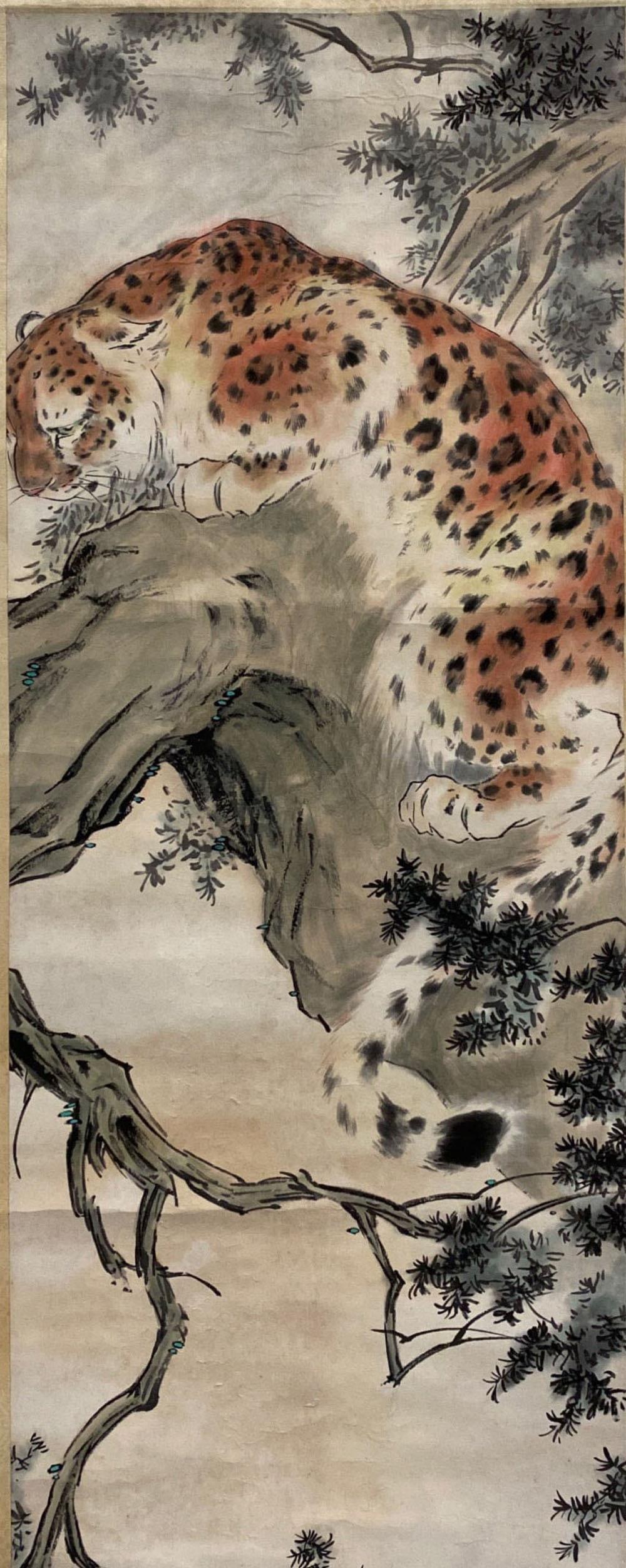 Chinese Hanging Scroll Painting: Ink and color on paper, depicting a tiger, signed with seal attributed to Kui Ji Kui. Length: 14.25" Height: 25.2"