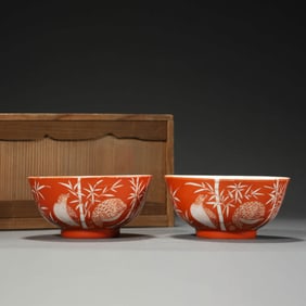 Pair of Iron-Red Glaze Quail Design Bowls