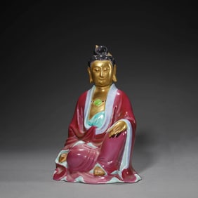 Red Ground Gilt-Inlaid Guanyin Statue