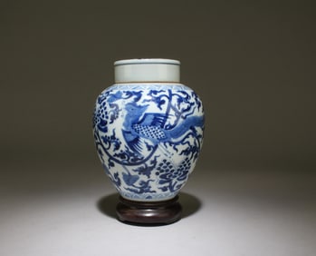 A Blue and White Jar with Lid and Stand