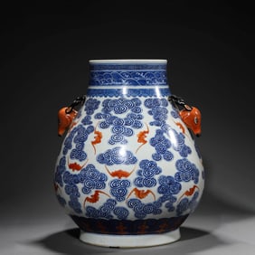 Iron-Red and Underglaze Blue Cloud and Bat Deer-Head Zun