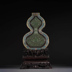 Cloisonne Enamel Inlaid Spinach-Green Jade Daji Double-Gourd-Shaped Vase