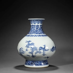 Blue and White Stag Bottle Vase