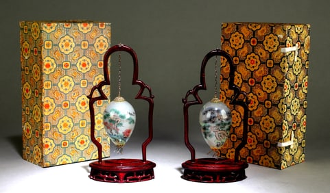 A Pair of Chinese Hanging Reverse Handpainted Glass Egg