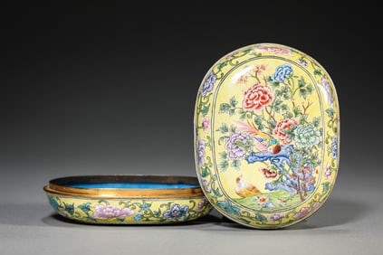 Painted Enamel Flower and Bird Box and Cover