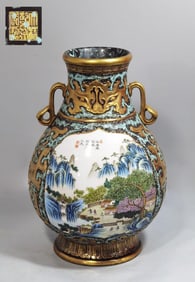 Bronze Glaze Gilt-Inlaid Enclosing Landscape&Figure Ruyi-Eared Vessel