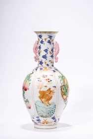 Famille Rose Babao Enclosing Auspicious Beast Double-Eared Flaring Vase