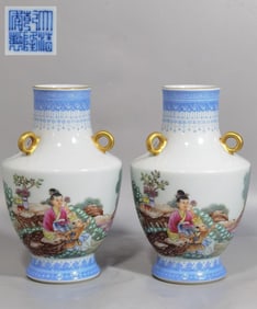 Pair of Enamel Western Figure Vases