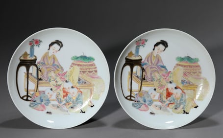 Pair of Famille Rose Figure Story Plates
