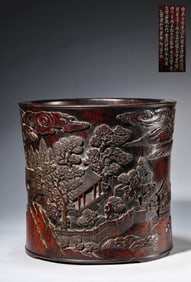 Carved Sandalwood Landscape&Figure Brush Pot