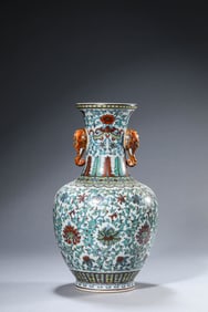 Doucai Glaze Interlocking Lotus Double Elephant-Eared Bottle Vase