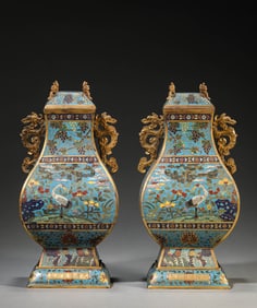 Cloisonne Enamel Flower and Bird Chilong-Eared Vase