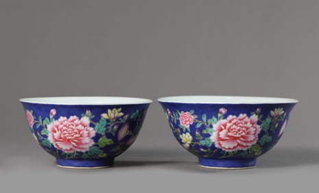 Pair of Blue Ground Famille Rose Flower Bowls
