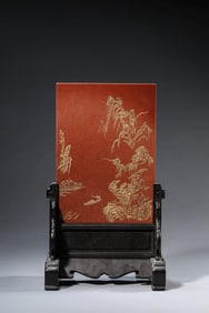 Carved Aventurine Landscape&Figure Inscribed Table Screen